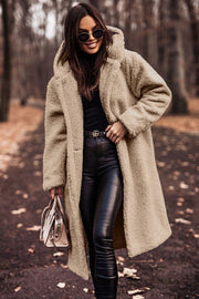 Women's Hooded Longline Teddy Coat with Button Front
