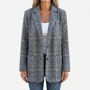 Women's Checked Blazer with Notched Lapel and Flap Pockets