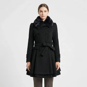 Women's Double-Breasted Belted Coat with Fur-Lined Collar