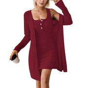 Women's Textured Knit Henley Dress with Open Cardigan