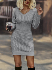 Women's Cable Knit V-Neck Jumper Dress Long Sleeve