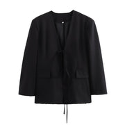 Women's Oversized Blazer with Deep V-Neck and Tie Closure