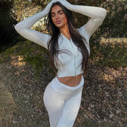 Women's Zip Front Lounge Set with Cropped Top and Flared Trousers