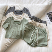 Women's Ribbed Loungewear Set Short Sleeve with Shorts