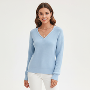Women's Ribbed V-Neck Jumper with Long Sleeves
