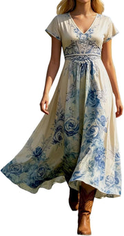 Sophia | Women's V-Neck Short Sleeve Floral Maxi Dress