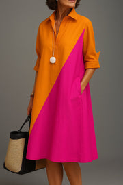 Isabella | Midi Dress Diagonal Colourblock Cotton Collared V-Neck